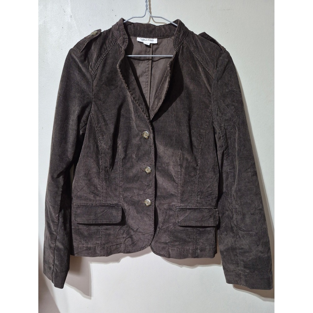 Calvin Klein Brown Corduroy Blazer Jacket Military Shoulder Epaulettes Size 10